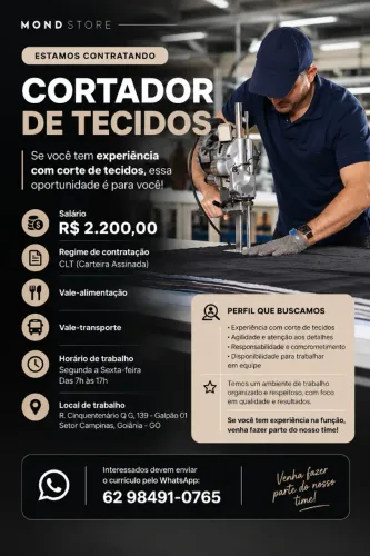 Contrata-se Vaga de Emprego Cortador de Tecido ou Auxiliar de Corte - Inicio Imediato