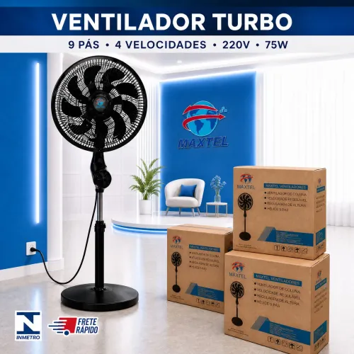 (NOVO LACRADO) VENTILADOR PEDESTAL 9 PÁS TURBO 4 VELOCIDADES SILENCIOSO 220V MAXTEL
