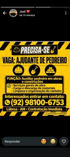 Precisa-se de ajudante de pedreiro