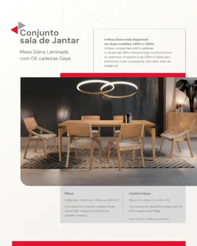 Mesa de Jantar Diana 180x90 com 6 cadeiras Gaya
