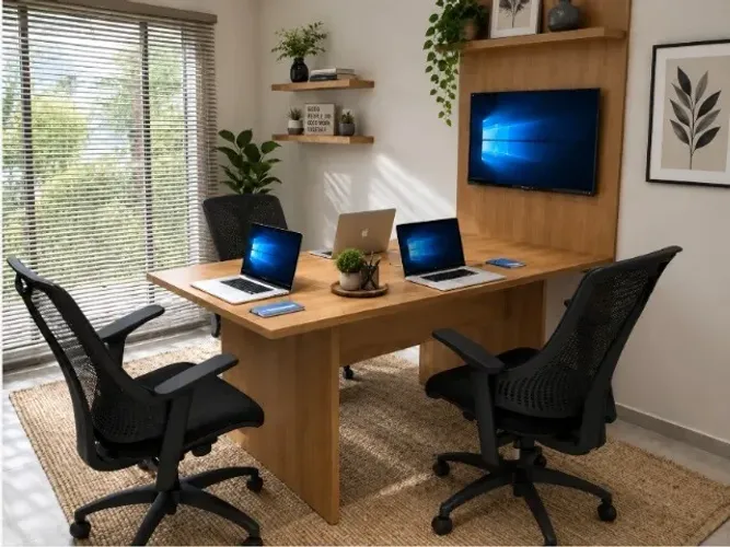 Mesa De Reunião Top White Com Painel e Passa Fios: L136cm x P90cm x A74cm