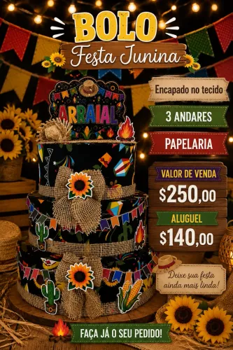 ? Bolo Cenográfico Festa Junina em Tecido -Venda e Aluguel? Bolo de Isopor 