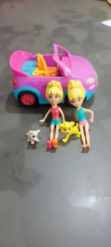 Kit Polly Pocket Carro Conversível + 2 Bonecas + 2 Pets