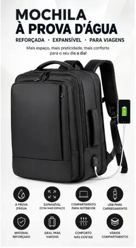 Mochila Reforçada Impermeável Expansível para Viagem e Notebook - Preta