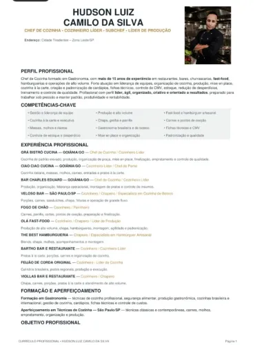 Chefe de cozinha vasta experiência
