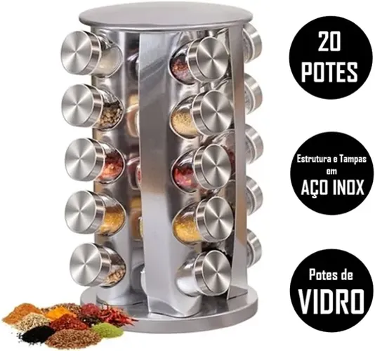 Porta Temperos Condimentos Inox 20 Potes Com base Giratória (Inox)