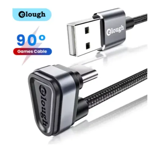 Cabo USB Gamer Tipo C 2.4A Carregamento Rápido Conector em Ângulo 180 Graus, Ideal Jogos