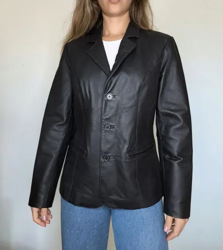 Jaqueta Blazer de couro legítimo preta feminina Tam M