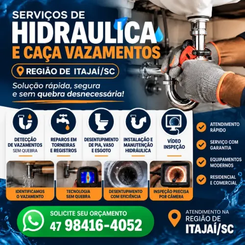 Serviços de hidráulica, instalações, caça vazamento e vídeo inspeção