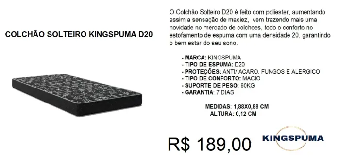 Colchão solteiro kingspuma d20 1,88 x 88cm