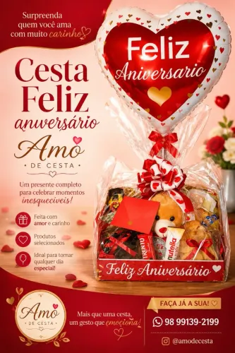Cesta Café da Manhã Feliz Aniversário Com Diversos Itens.