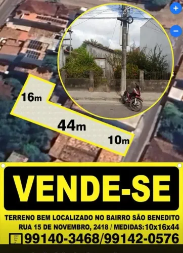 Vende-se um terreno, situado na Rua XV de Novembro, 2418, Bairro São Benedito, Cametá -Pa
