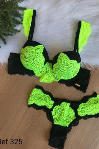 Conjunto de lingerie Sutiã com bojo e Calcinha de renda Bicolor Neon REF.: 325