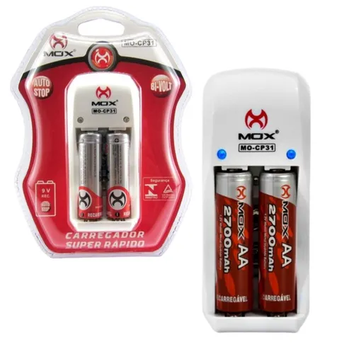 Carregador De Pilhas Rápido Mox Cp-31 + 2 Pilhas Aa 2600 Mah