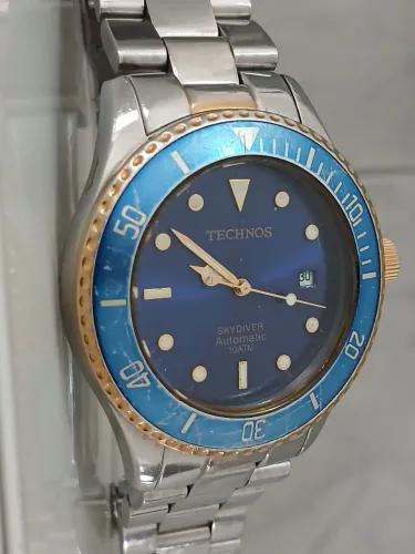 Relógio antigo original TECHNOS SKYDIVER AZUL AUTOMÁTICO. Exemplar raro de coleção