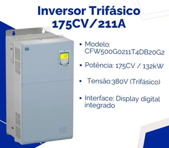 Inversor Frequência NOVO, Trifásico Weg CfW500 175CV, 211 A, CFW500G0211T4DB20H3SDG2