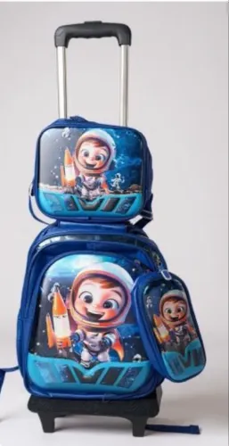 mochila escolar com carrinho para menina e menino kit três peças com lancheira e estojo