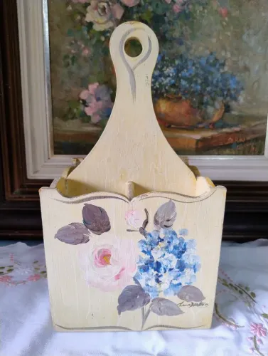 Porta talheres de madeira pintado a mão 