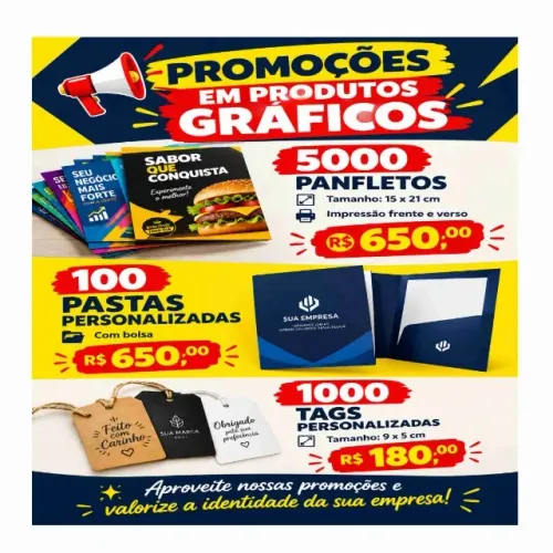 Promoções : 5000 panfletos frente e verso/ 1000 tags/ 100 pastas com bolsa 