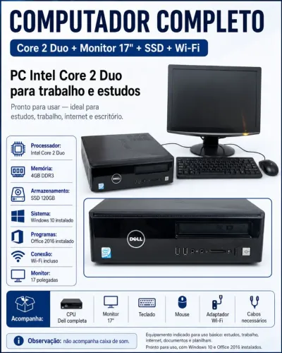 Computador Completo Core 2 Dual + Monitor 17? | SSD + HD | Wi-Fi | Pronto para Uso