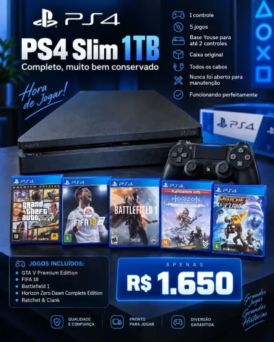 PS4 Slim 1TB + Controle + 5 Jogos + Base Carregadora + Caixa
