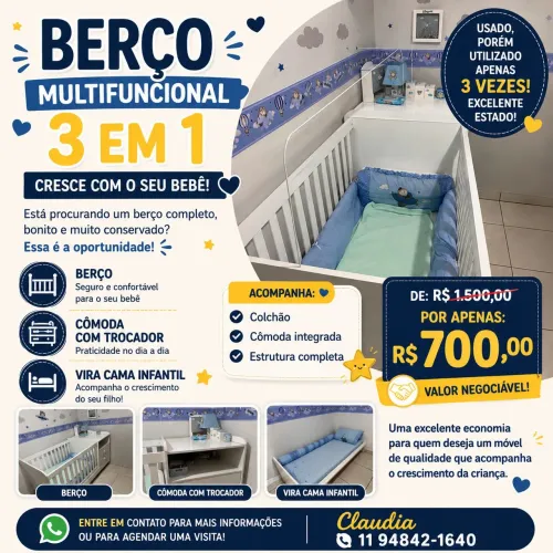 BERÇO MULTIFUNCIONAL 3 EM 1 - OPORTUNIDADE IMPERDÍVEL! 