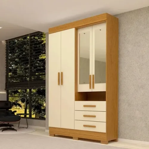 Guarda-roupa Solteiro Débora Capelinha 4 Portas 3 Gavetas com Espelho 100% Mdf Cinamomo/of