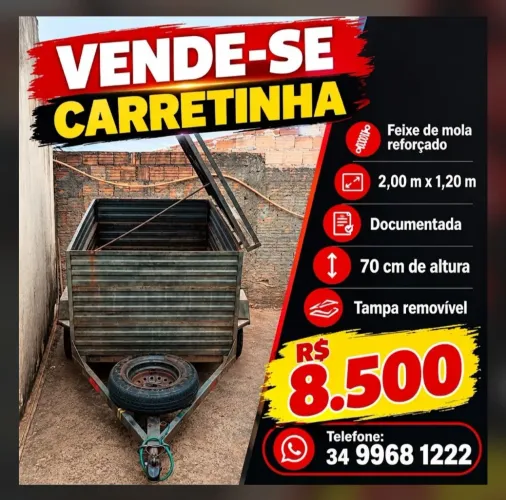 Carretinha reboque com feixe de mola reforçada 2 por 1,20 m 70 cm de altura documentada