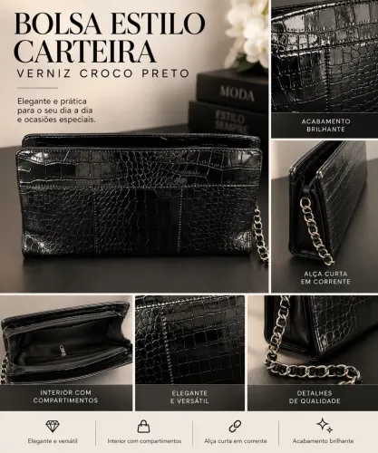 Bolsa tipo carteira em verniz Croco preta com alça Curta