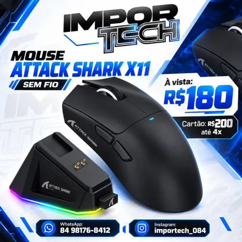 Mouse Attack Shark sem fio X11 (PRETO). @importech_084