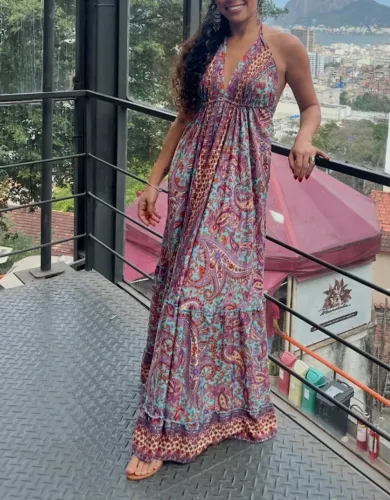 Vestido longo costas nua estampa pasley