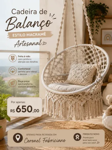 Cadeira de Balanço estilo Macramê - Artesanal - Promoção !