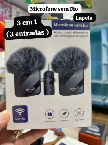 Microfone Sem Fio 3 em 1 Tipo C, Lightning e P2