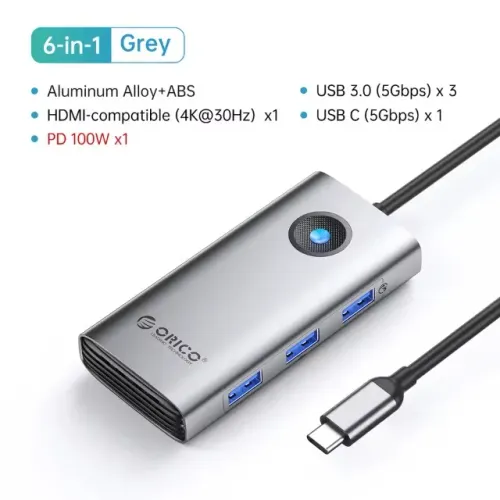 Hub type-c 6 in 1 Orico - HDMI 4K + 3x USB 3.0 + USB-C + PD100W