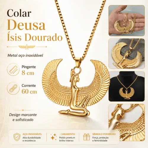 Colar Deusa Ísis Dourado em metal aço inoxidável 60 cm Não Enferruja