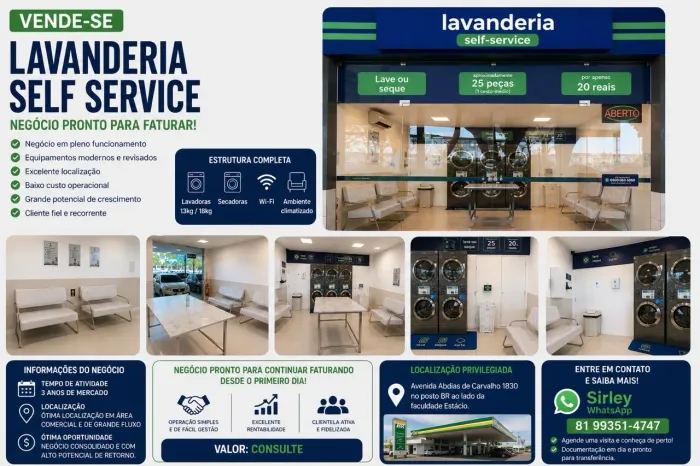 Lavanderia Self Service à Venda - 3 Anos de Mercado e Faturando