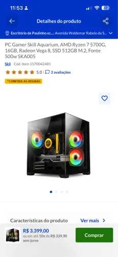 PC Gamer Ryzen 7 5700G 16GB SSD 512GB Vega 8 Fonte 500W Skill Aquarium