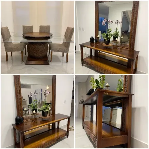 Conjunto de mesa de jantar, aparador e espelho