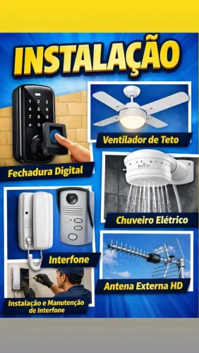 Instalação fechadura digital, ventilador de teto, antena externa HD, interfone 