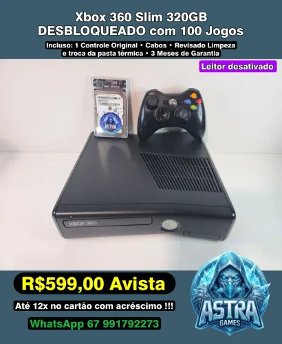 Xbox 360 Slim 320GB Desb. 100 Jogos - Astra Games