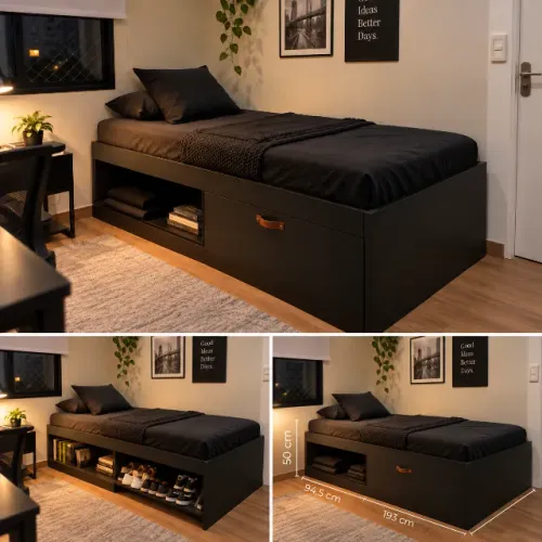 Cama Solteiro com Sapateira e Nicho Laura Yescasa Preta (Tatuapé)