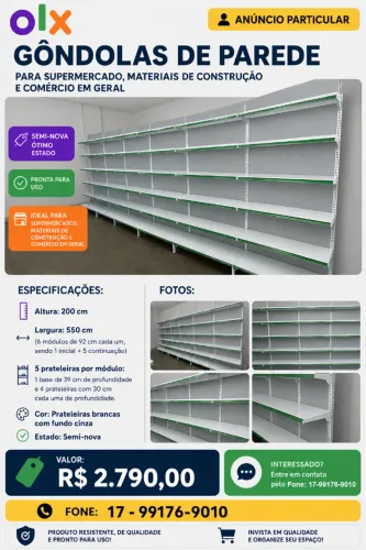 Gôndolas comerciais usadas semi-novas para mercados, materiais para construção, lojas