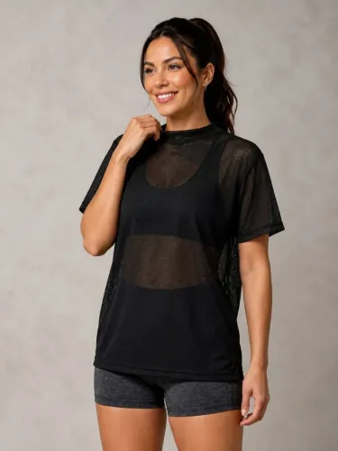 Blusa de Academia Feminina Preta lisa Camiseta Respirável Moda Fitness