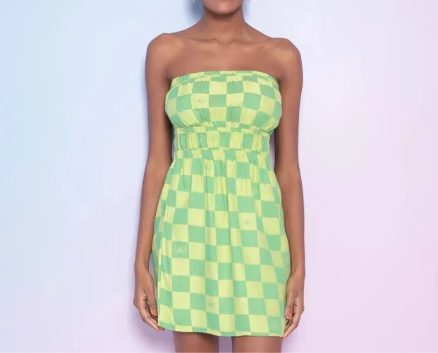 VESTIDO CURTO QUADRICULADO - VERDE/VERDE LIMÃO  - COLCCI - P