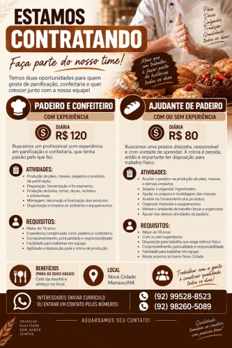 Estamos Contratando - Padeiro e Confeiteiro / Auxiliar de Padeiro