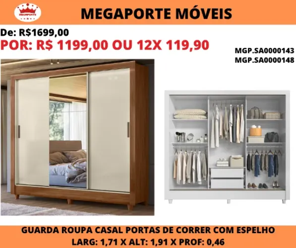 Guarda Roupa Casal 1,71x1,91 Portas de Correr C/Espelho