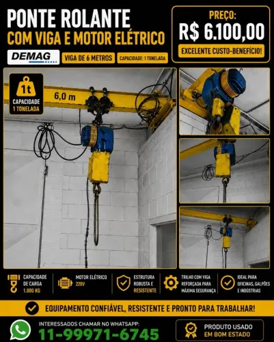 PONTE ROLANTE COM VIGA DE 6 METROS E MOTOR ELETRICO 220- 1 TON