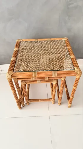 Conjunto 3 Mesas Decorativas em Vime e Vidro