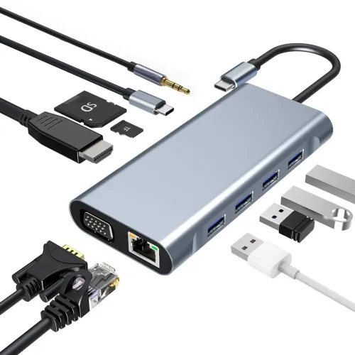 Adaptador Hub e Leitor de cartão 11 em 1, Tipo C, HDMI, VGA, P2, USB