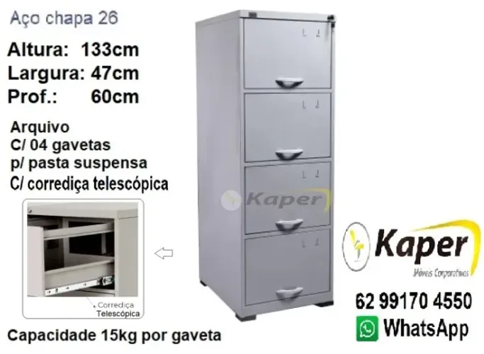 Arquivo de aço P60 c/ 04 gavetas p / pasta suspensa, armario ( novo )